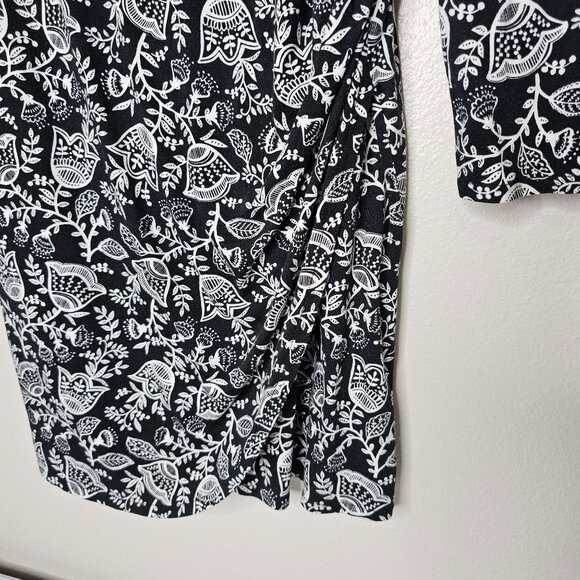 Boden 10 Black White Floral Ruched Mini Dress Tulip Hem Long Sleeve Jersey Knit - Picture 3 of 5